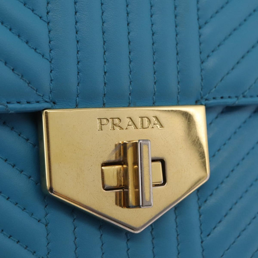 PRADA Chain Shoulder Bag Leather Blue Gold Auth 206268V