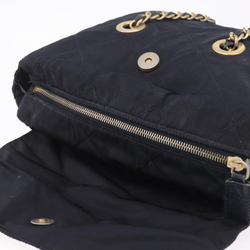 PRADA Chain Shoulder Bag Nylon Navy Gold Auth 206423