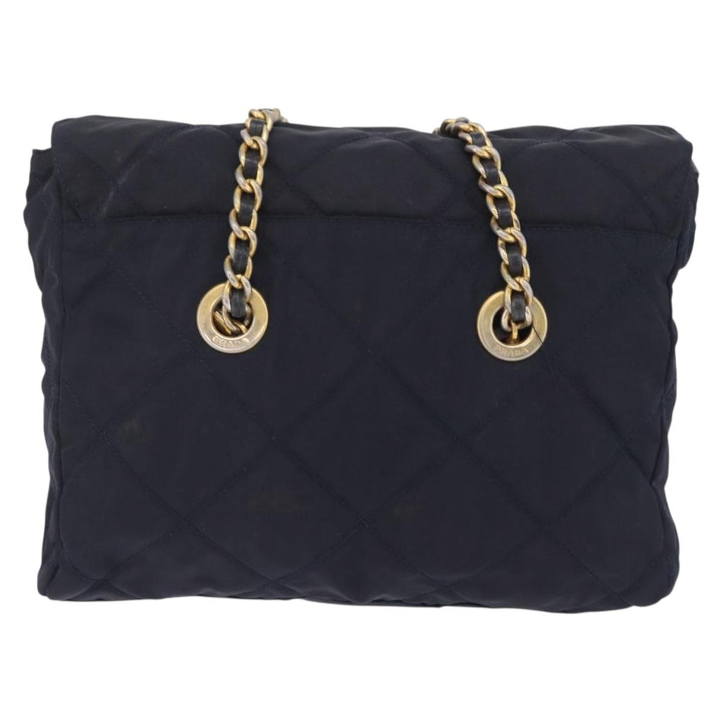 PRADA Chain Shoulder Bag Nylon Navy Gold Auth 206423