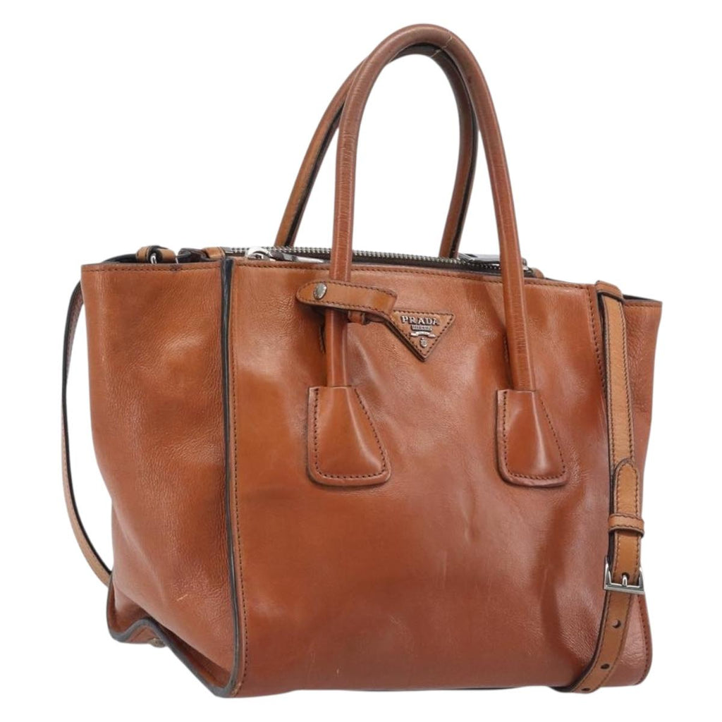 PRADA Hand Bag Leather 2way Brown Silver Auth 206531A