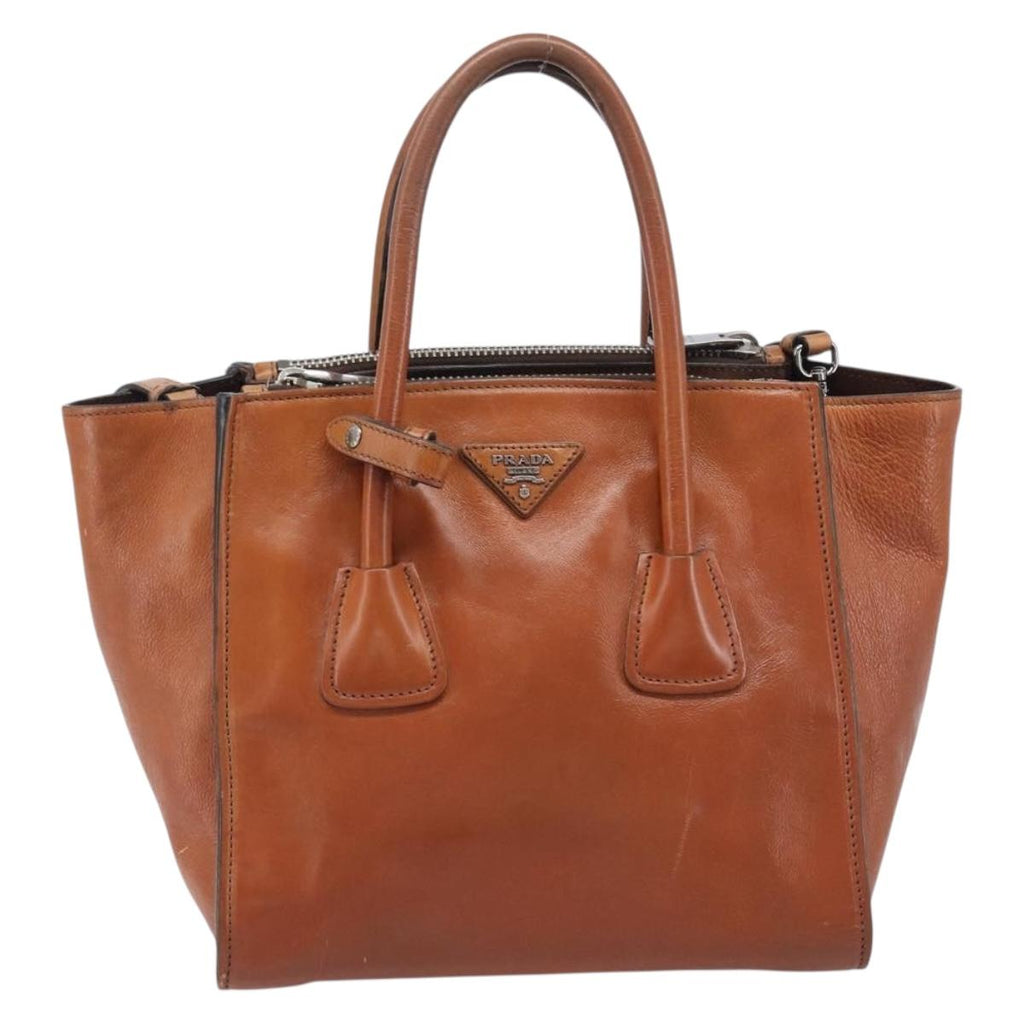 PRADA Hand Bag Leather 2way Brown Silver Auth 206531A