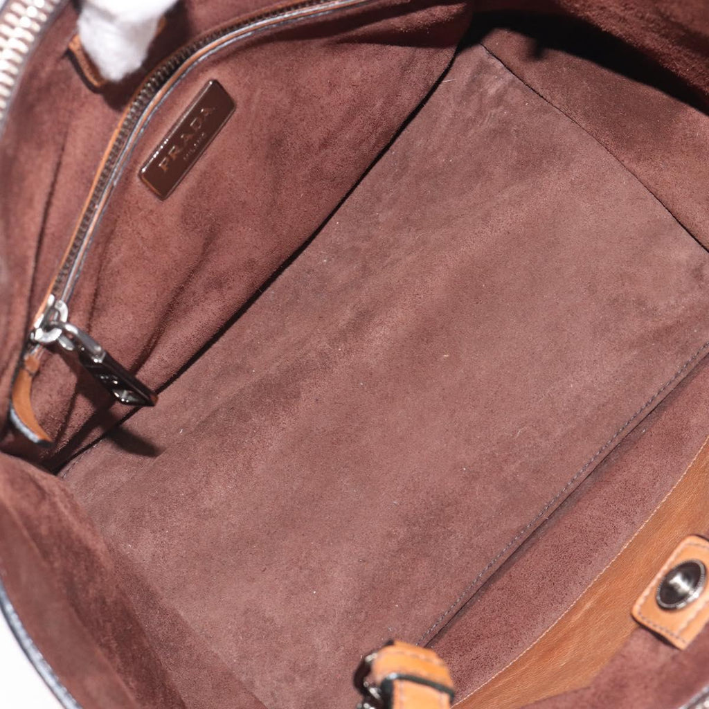 PRADA Hand Bag Leather 2way Brown Silver Auth 206531A