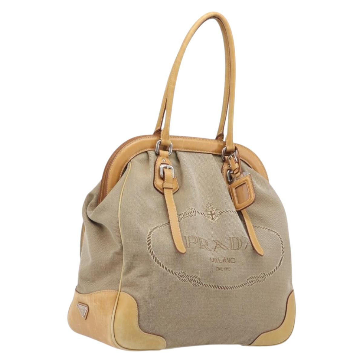 PRADA Hand Bag Canvas Beige Silver Auth 206536