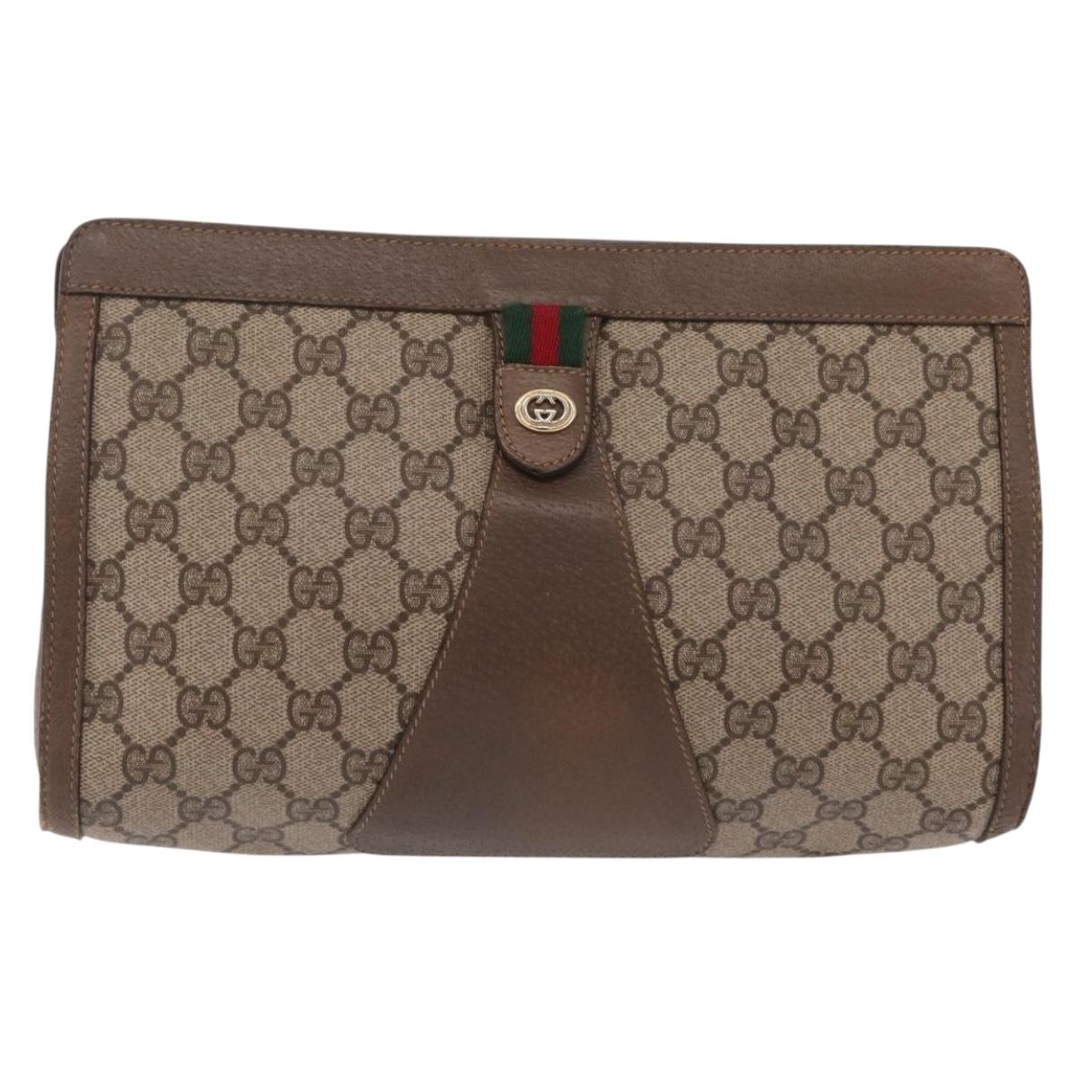 GUCCI GG Supreme Web Sherry Line Clutch Bag PVC Beige Gold 89 01 033 Auth 206572