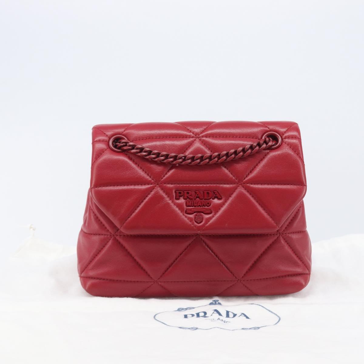 PRADA Chain Shoulder Bag Leather Red Silver Auth 206931V