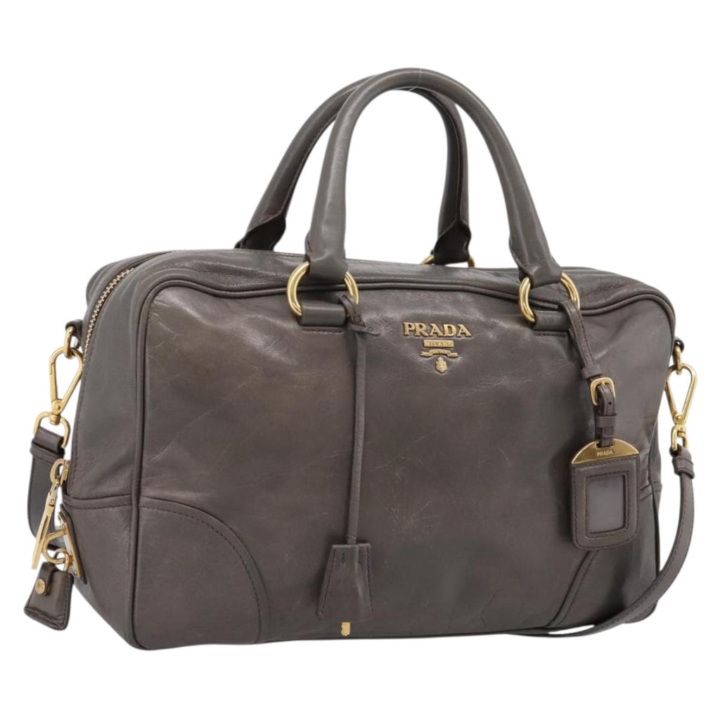 PRADA Hand Bag Leather 2way Gray Gold Auth 207067A
