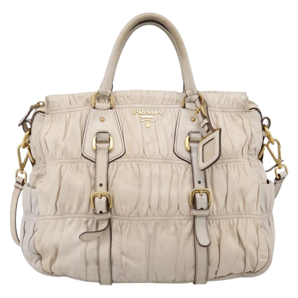 PRADA Gathered Hand Bag Leather 2way Beige Gold Auth 207092A