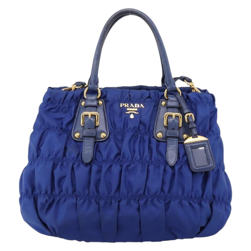 PRADA Gathered Hand Bag Nylon 2way Blue Gold Auth 207154A