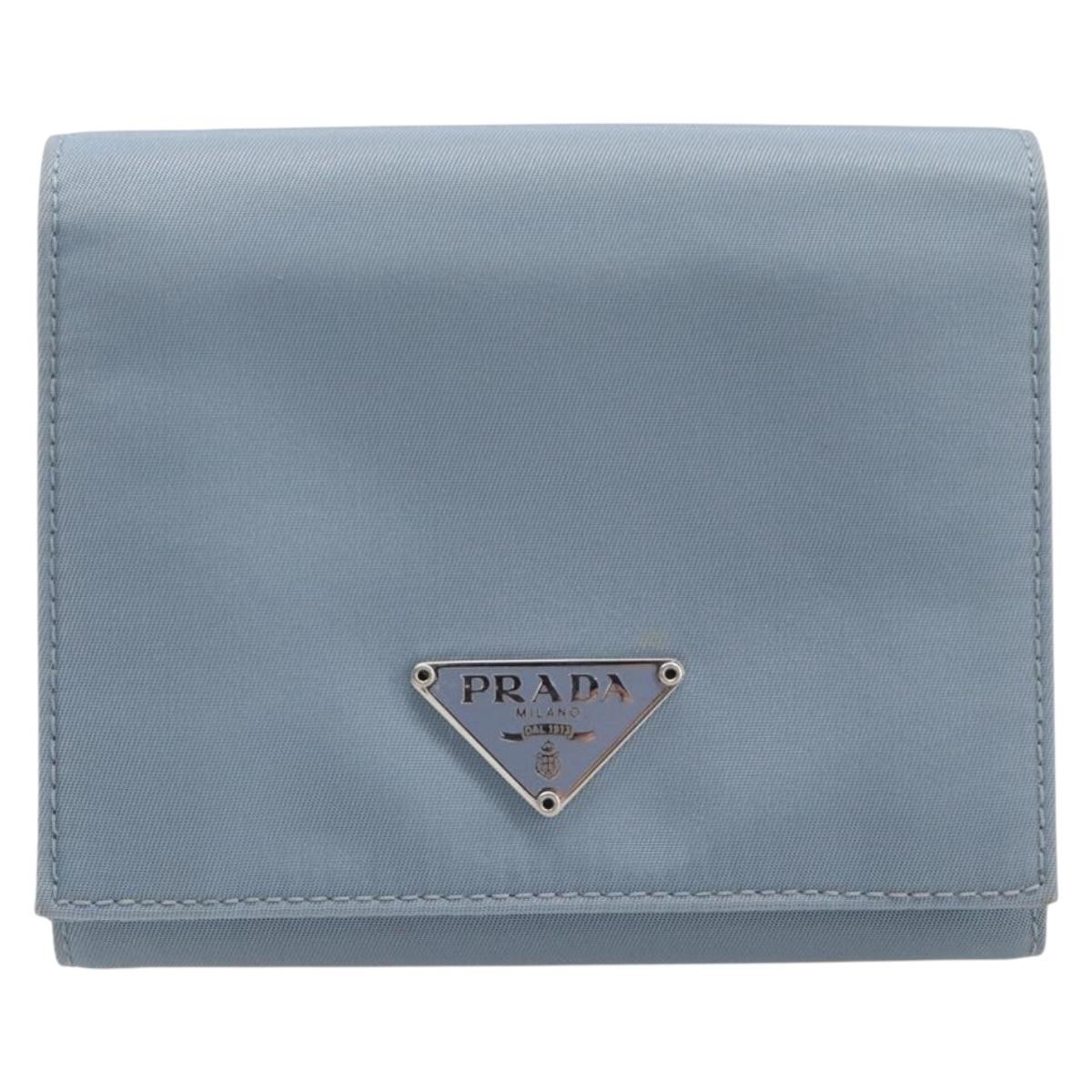 PRADA Compact Wallet Nylon Light Blue Silver Auth 207486A