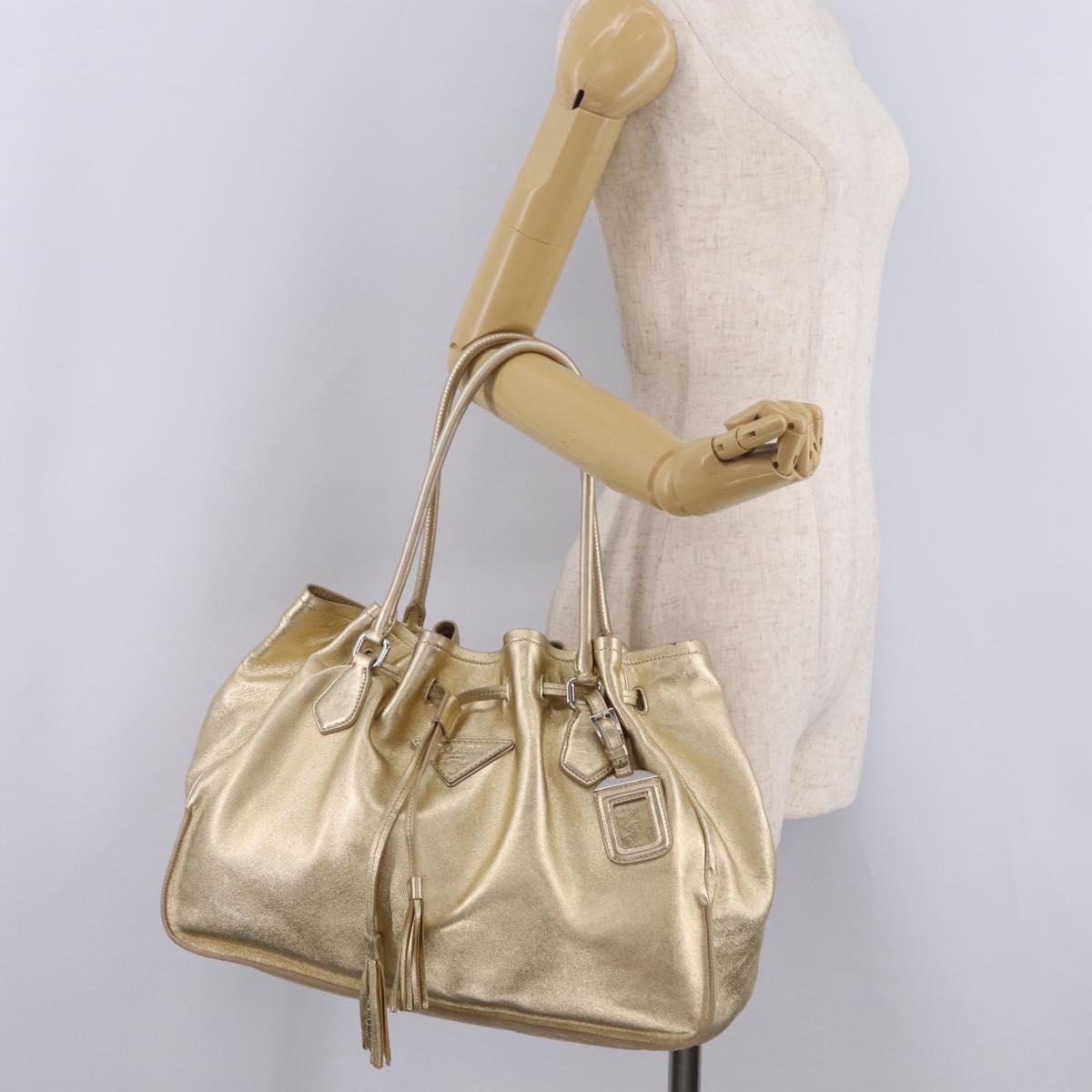 PRADA Tote Bag Leather Gold Silver Auth 207552A