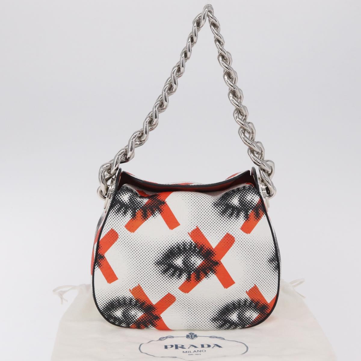 PRADA Chain Shoulder Bag Leather White Silver Auth 207574M