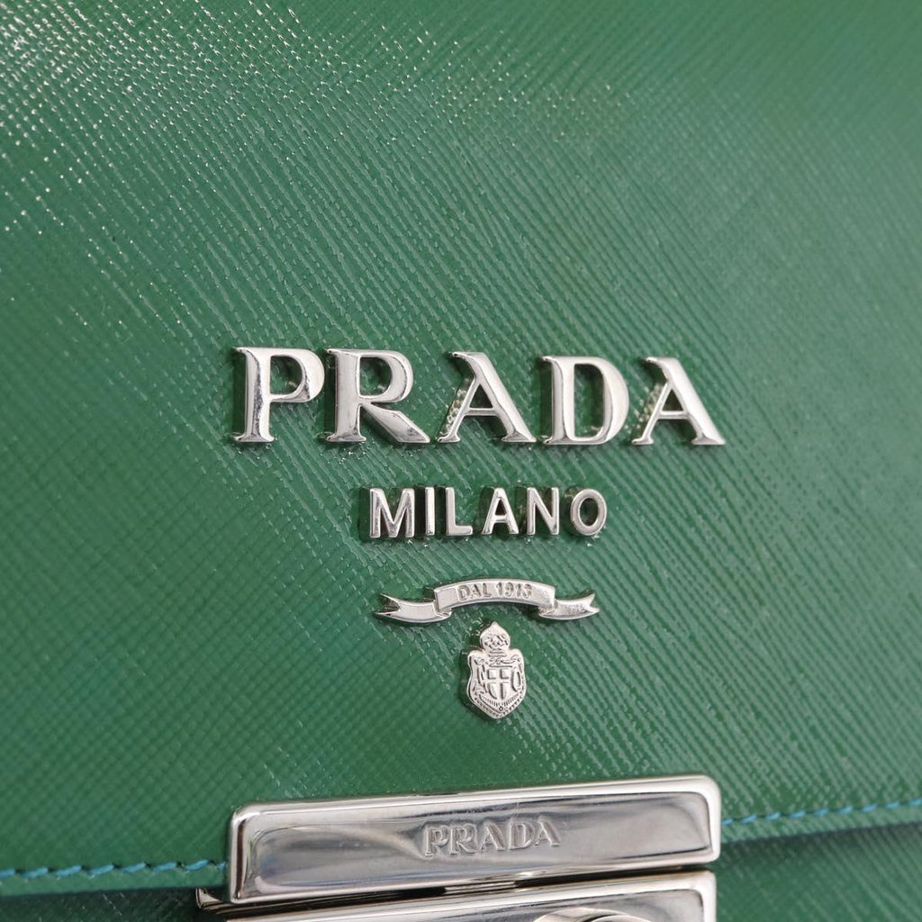 PRADA Chain Shoulder Bag Safiano Leather Green Silver Auth 207634V