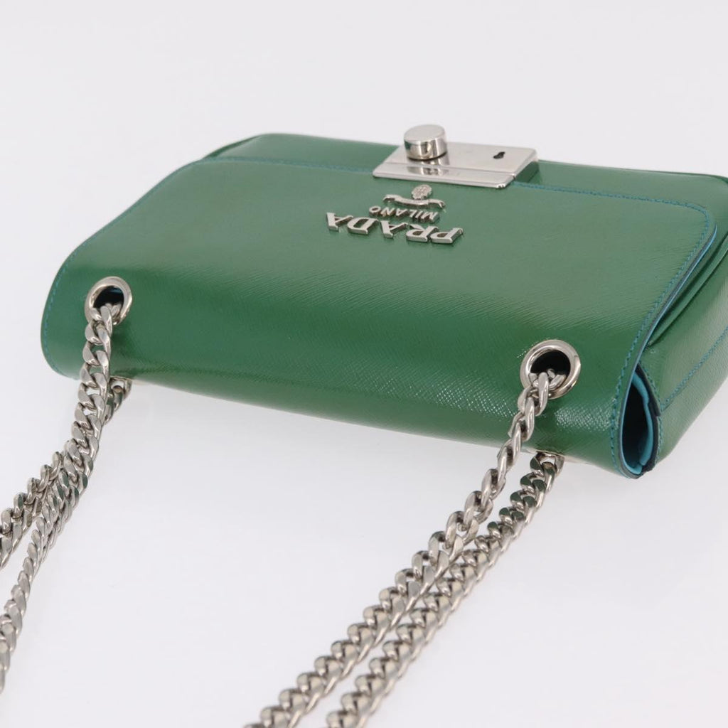 PRADA Chain Shoulder Bag Safiano Leather Green Silver Auth 207634V
