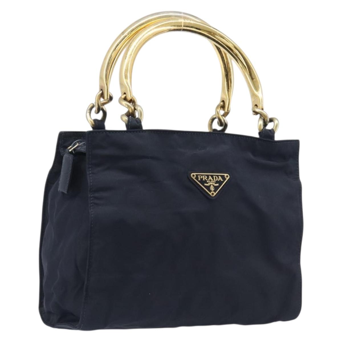 PRADA Metal Handle Hand Bag Nylon Navy Gold Auth 207805A