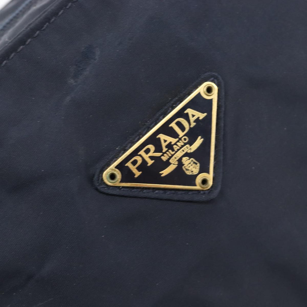 PRADA Metal Handle Hand Bag Nylon Navy Gold Auth 207805A