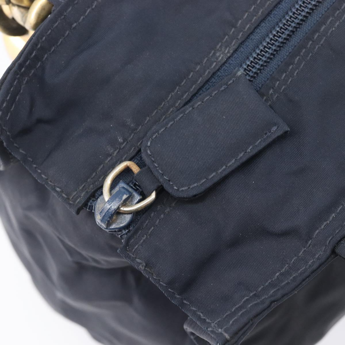PRADA Metal Handle Hand Bag Nylon Navy Gold Auth 207805A