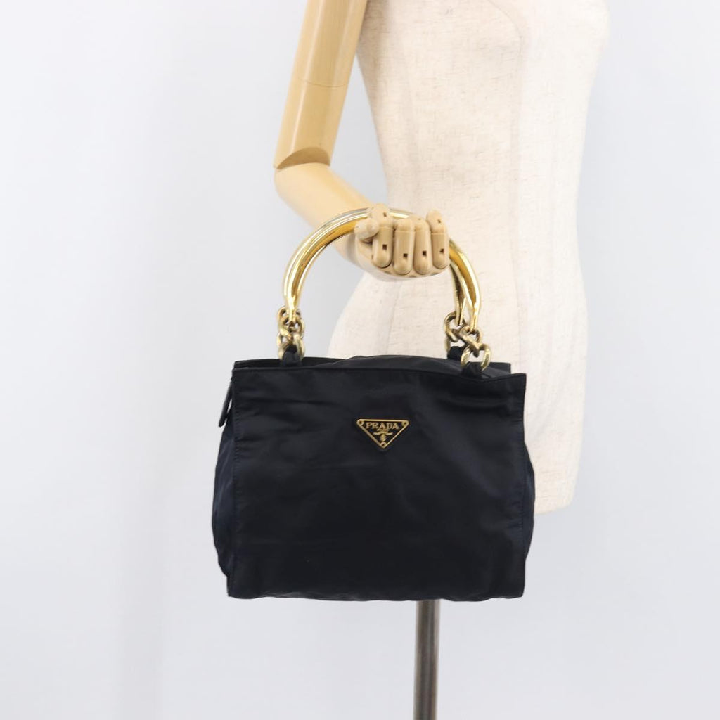 PRADA Metal Handle Hand Bag Nylon Navy Gold Auth 207805A