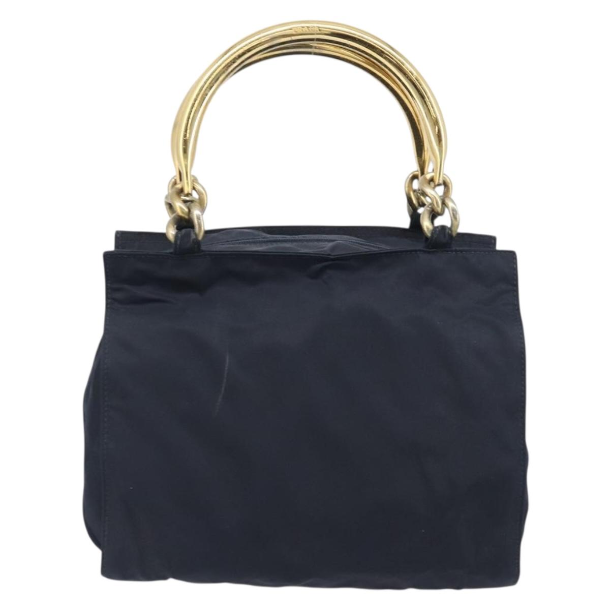 PRADA Metal Handle Hand Bag Nylon Navy Gold Auth 207805A