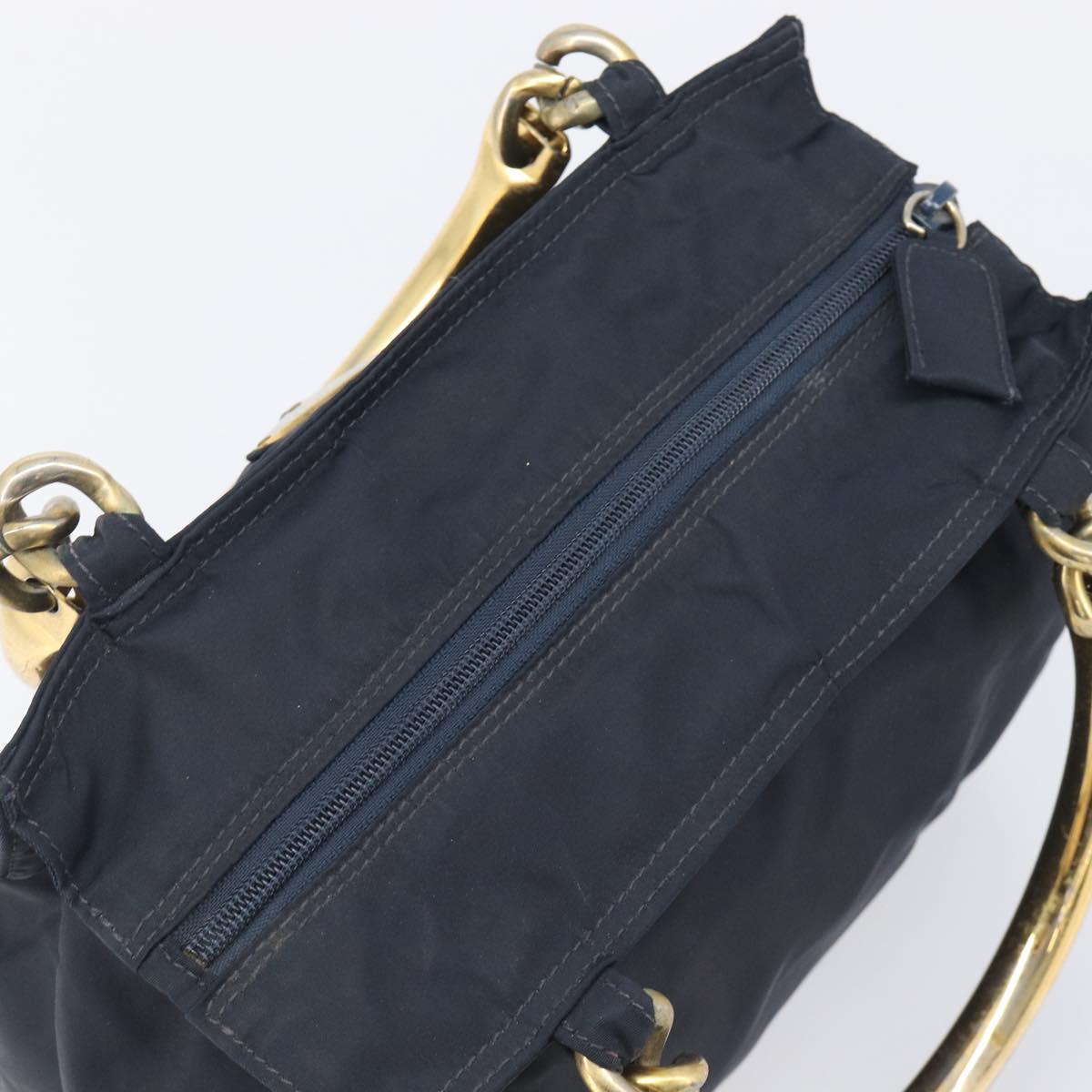 PRADA Metal Handle Hand Bag Nylon Navy Gold Auth 207805A