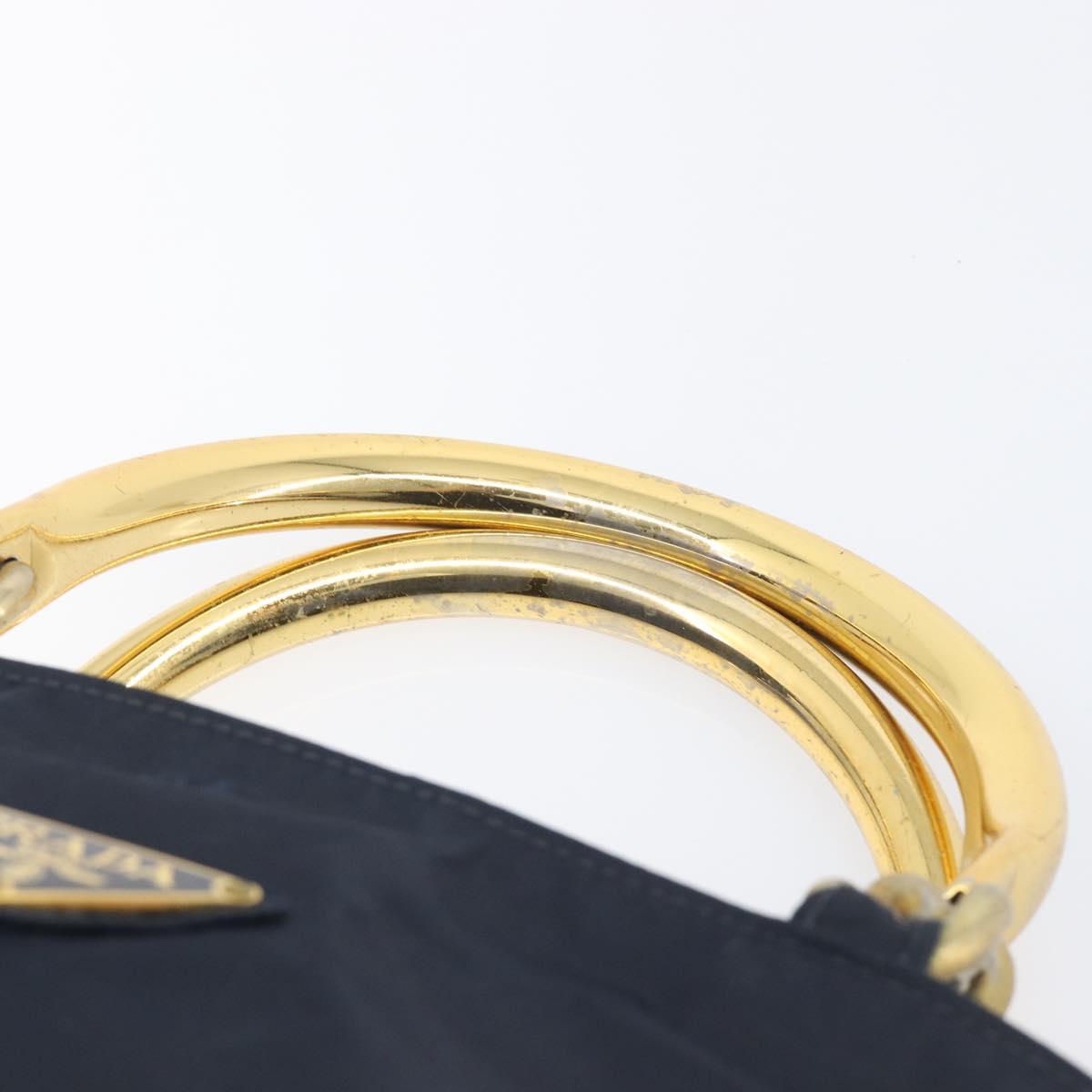 PRADA Metal Handle Hand Bag Nylon Navy Gold Auth 207805A