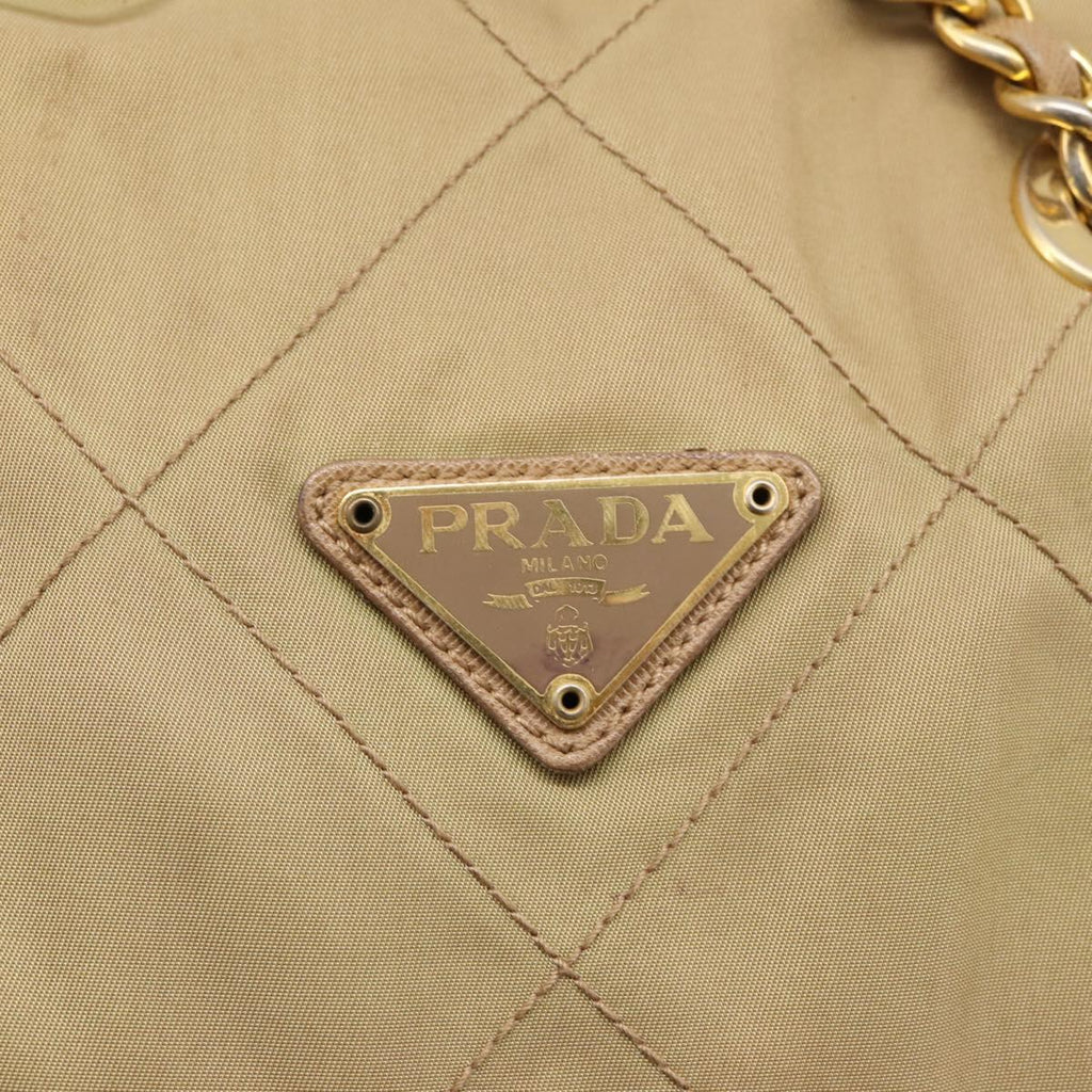 PRADA Chain Shoulder Bag Nylon Beige Gold Auth 207819A