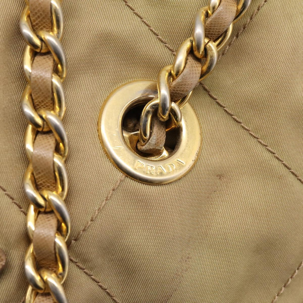 PRADA Chain Shoulder Bag Nylon Beige Gold Auth 207819A