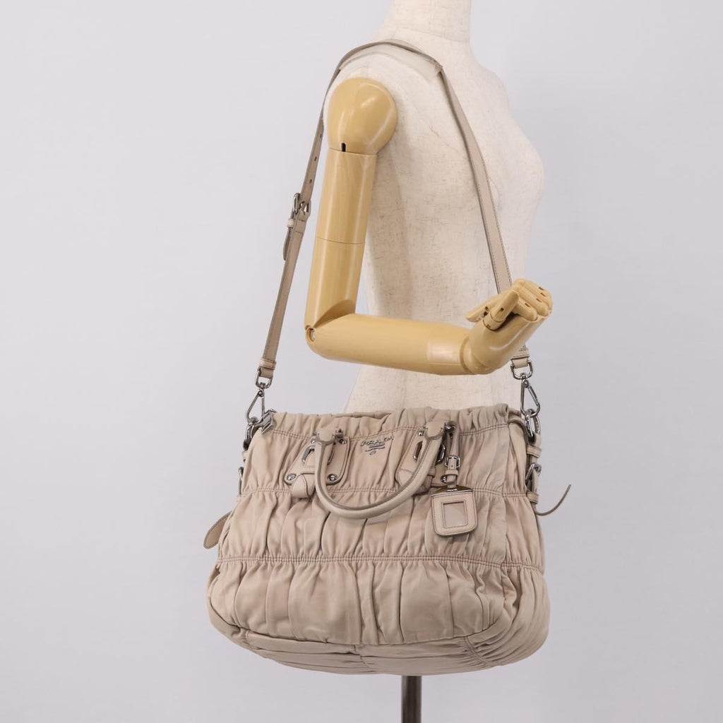 PRADA Gathered Hand Bag Leather 2way Gray Silver Auth 208024V