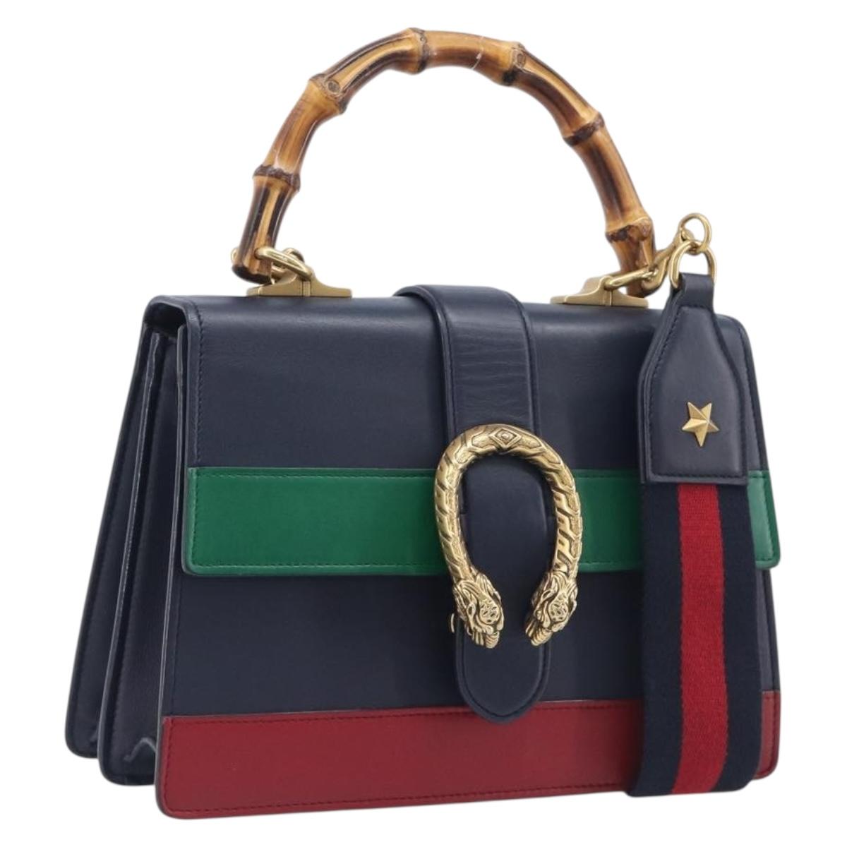 GUCCI Dionysos Bamboo Sherry Line Bag Leather 2way Navy 448075 Auth 208278M