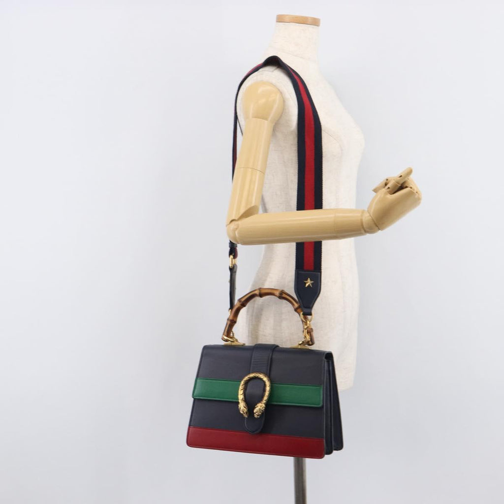 GUCCI Dionysos Bamboo Sherry Line Bag Leather 2way Navy 448075 Auth 208278M