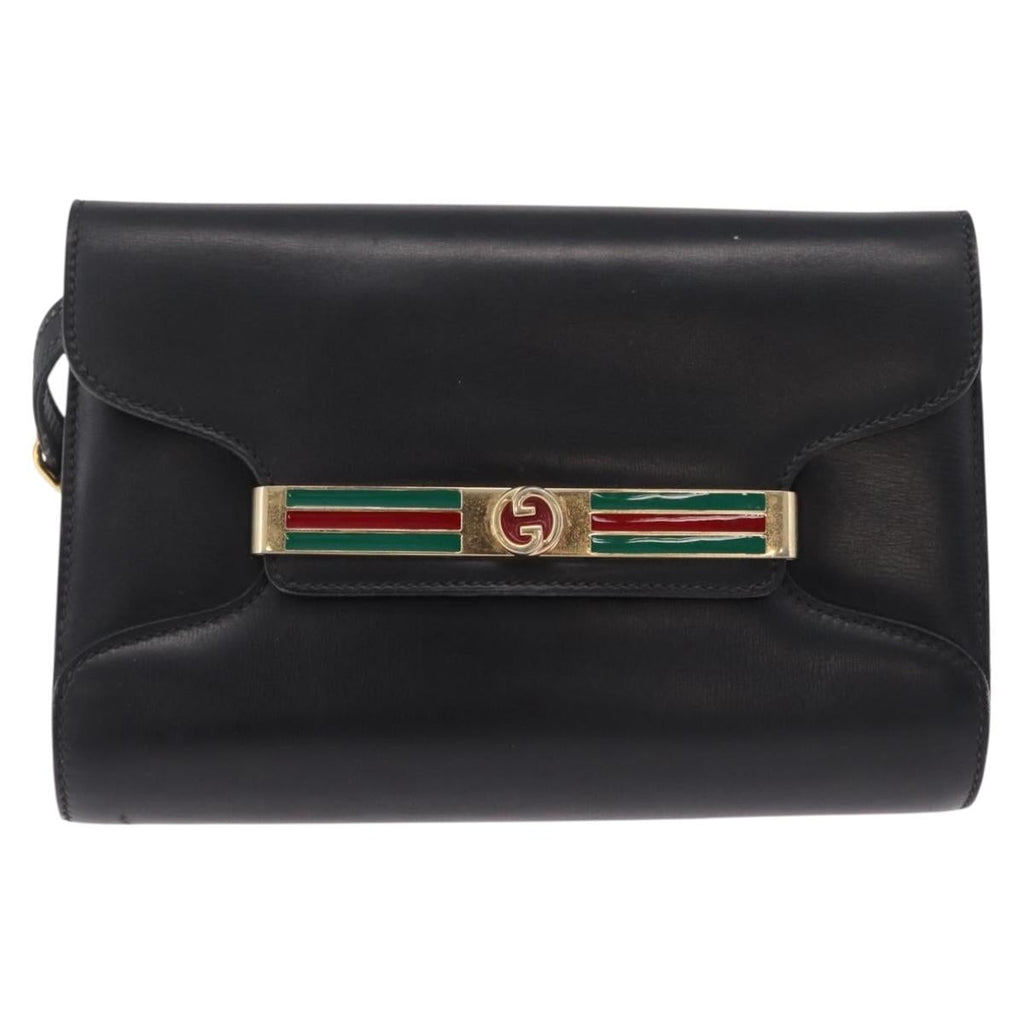 GUCCI Web Sherry Line Shoulder Bag Leather Gold Black Auth 208297