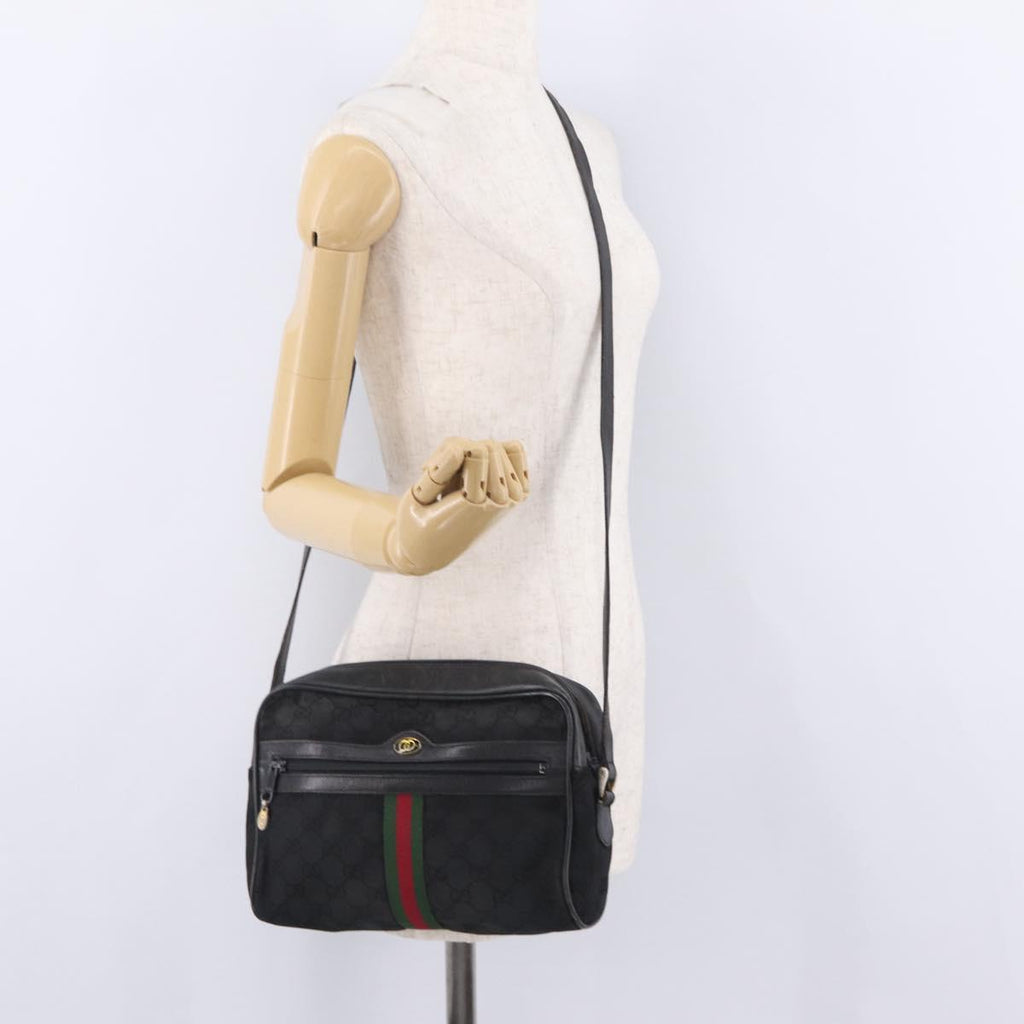 GUCCI GG Canvas Web Sherry Line Shoulder Bag Black Gold Auth 208373