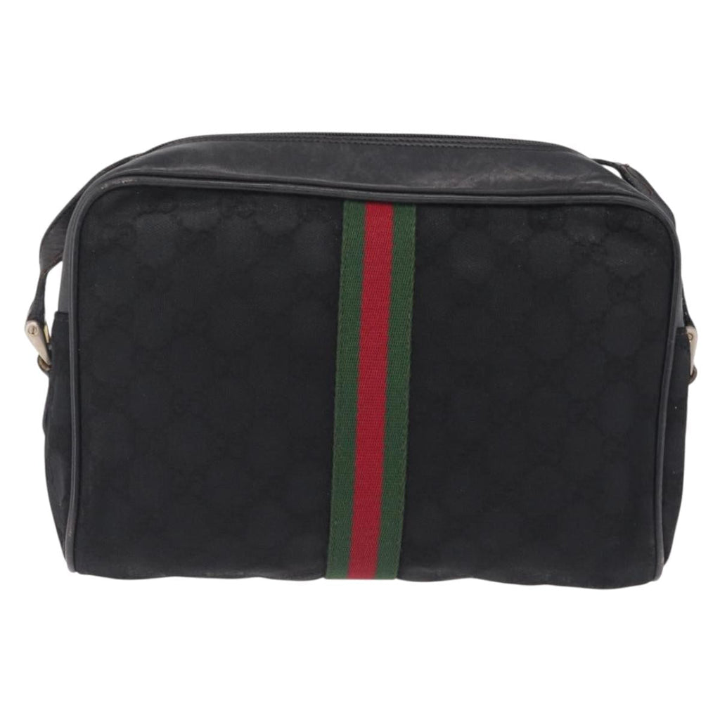 GUCCI GG Canvas Web Sherry Line Shoulder Bag Black Gold Auth 208373