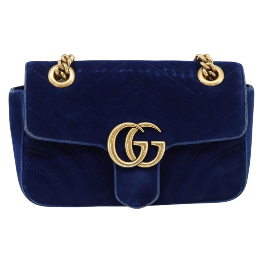 GUCCI GG Marmont Chain Shoulder Bag Velor Blue Gold 446744 Auth 208800V
