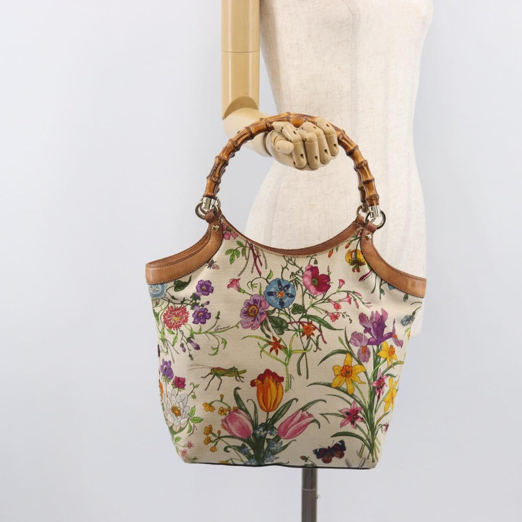 GUCCI Bamboo Flora Hand Bag Canvas Beige Gold Tone 137394 Auth 209161