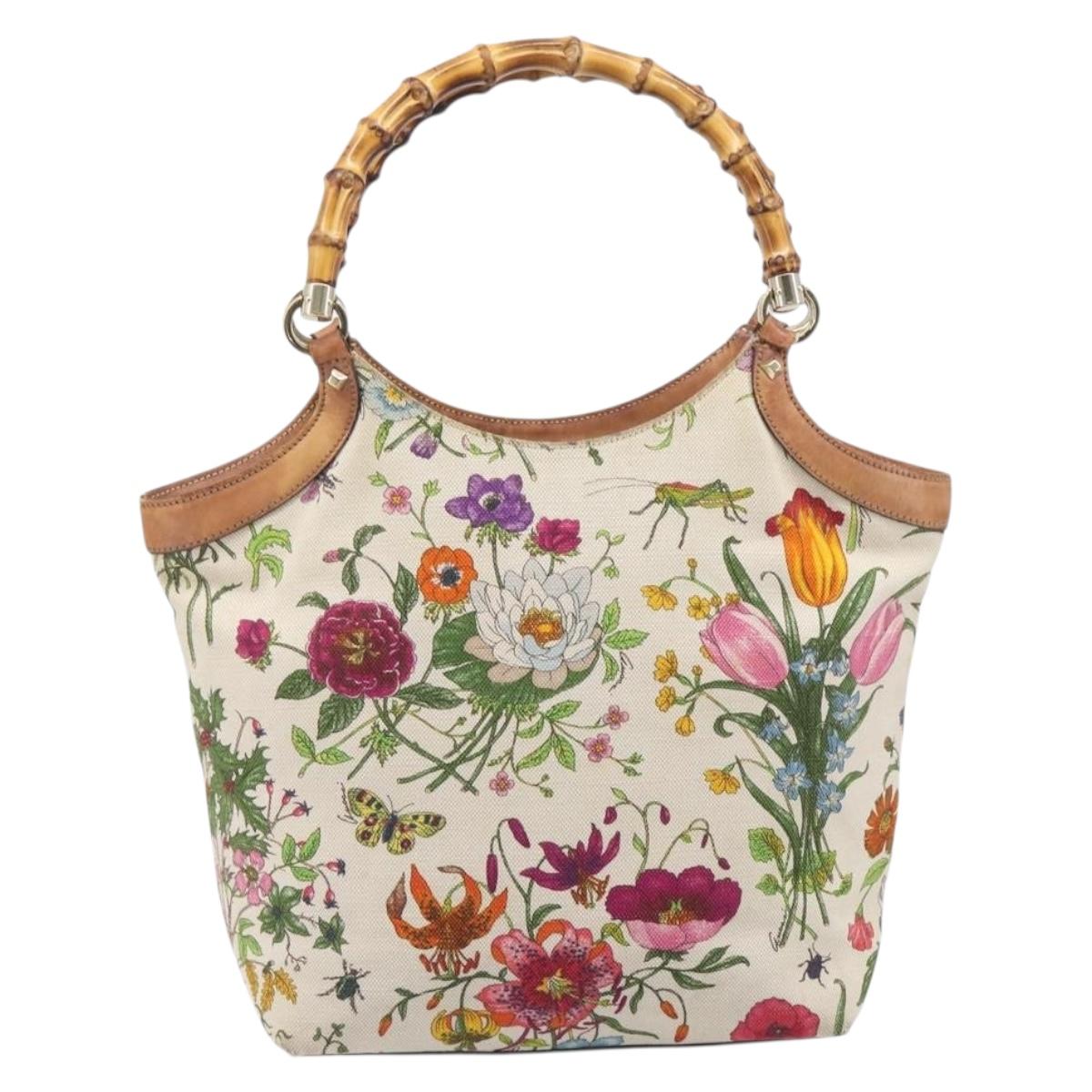 GUCCI Bamboo Flora Hand Bag Canvas Beige Gold Tone 137394 Auth 209161