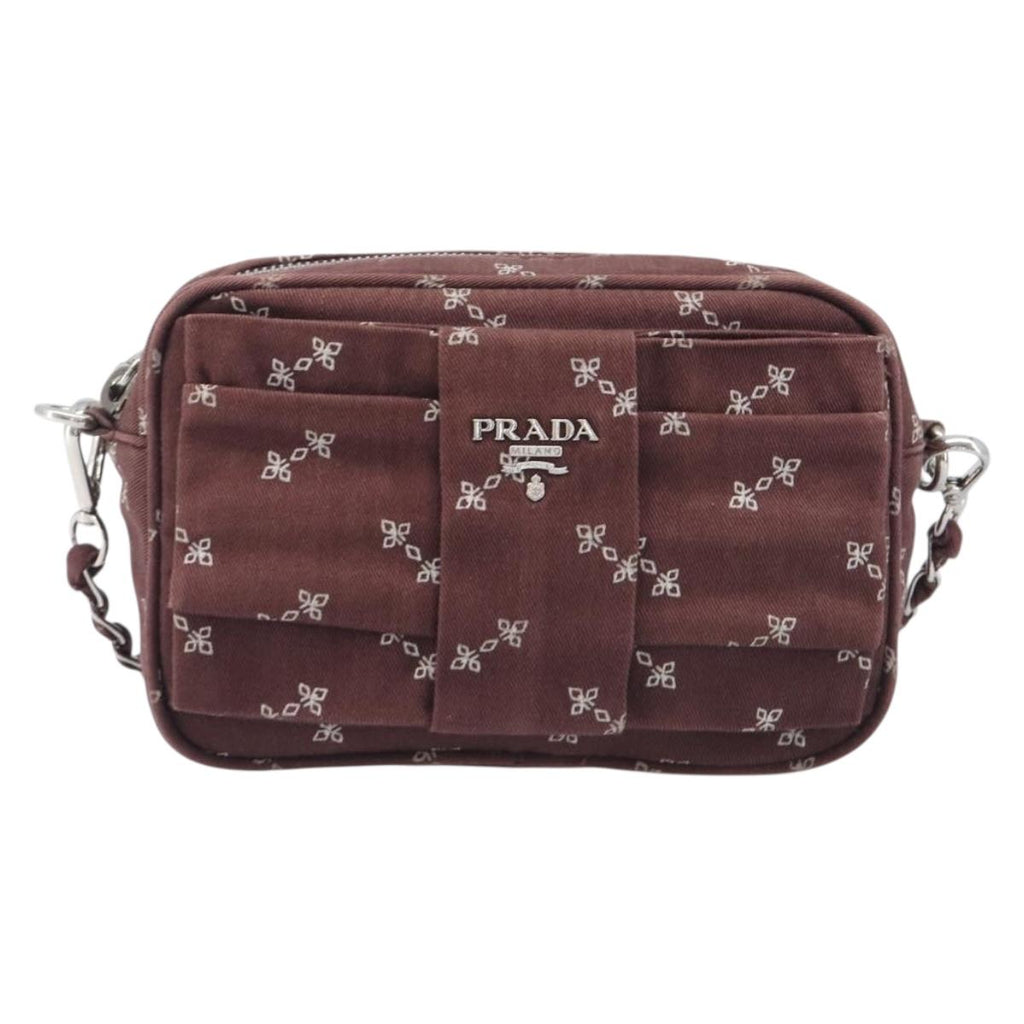 PRADA Chain Shoulder Bag Canvas Brown Silver Auth 209497A