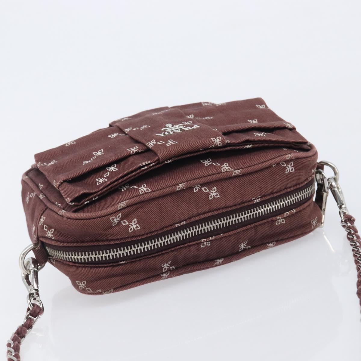 PRADA Chain Shoulder Bag Canvas Brown Silver Auth 209497A