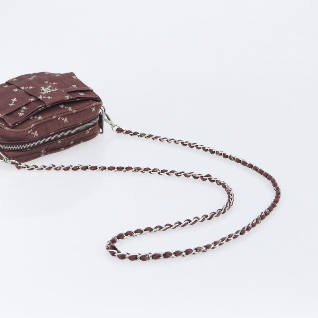 PRADA Chain Shoulder Bag Canvas Brown Silver Auth 209497A