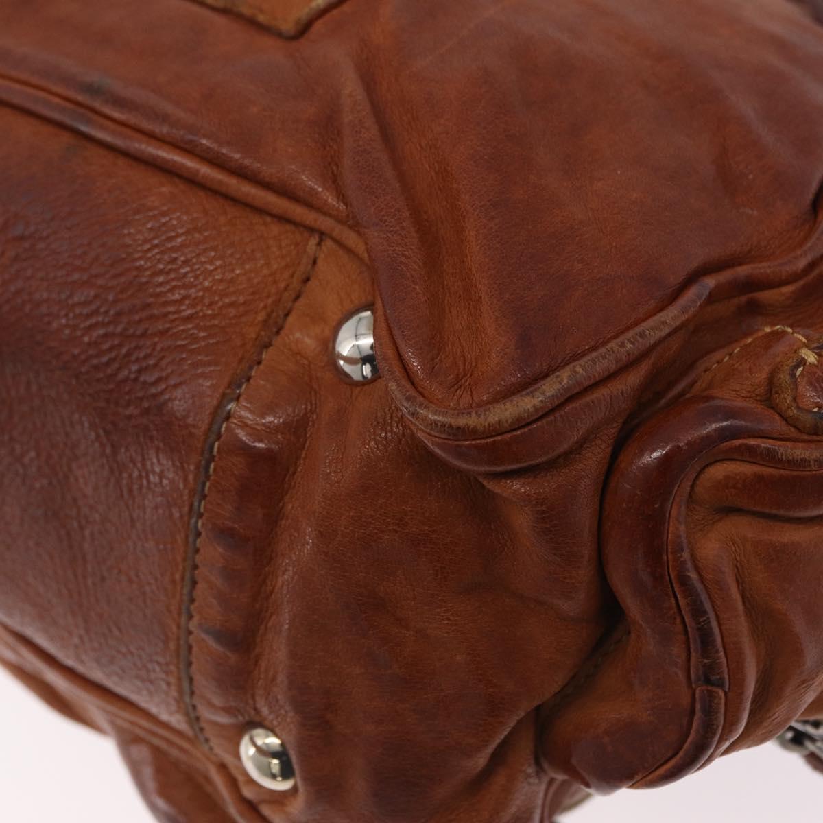 PRADA Tote Bag Leather Brown Silver Auth 209547V