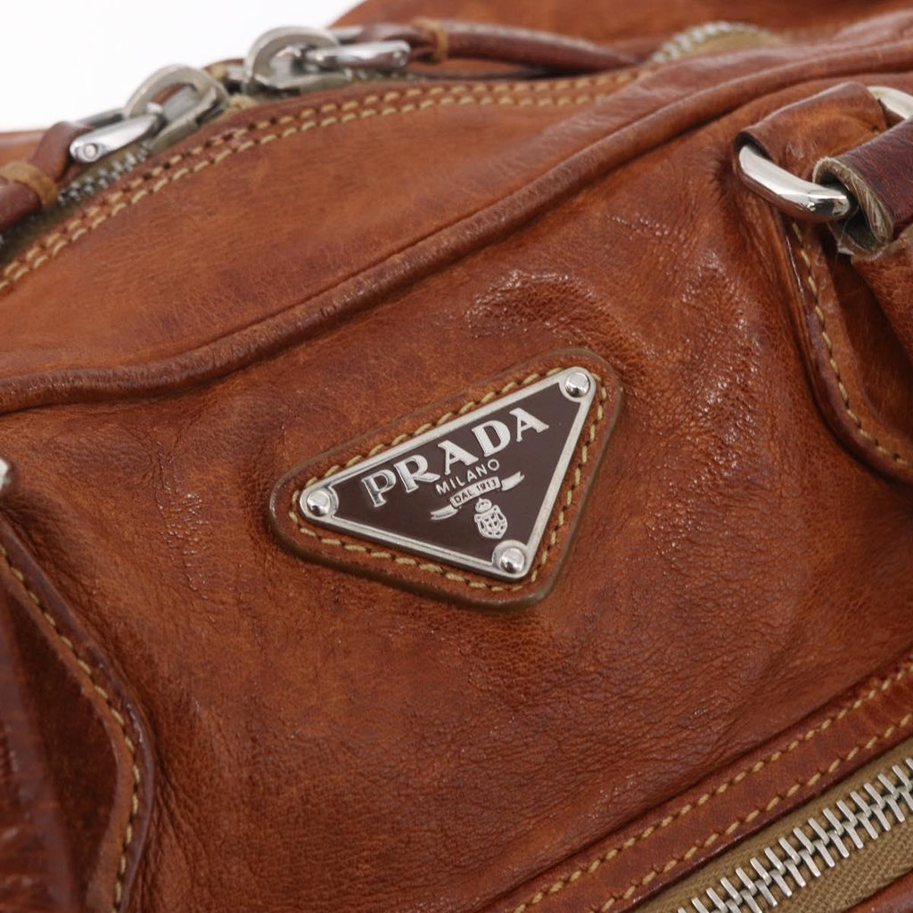 PRADA Tote Bag Leather Brown Silver Auth 209547V