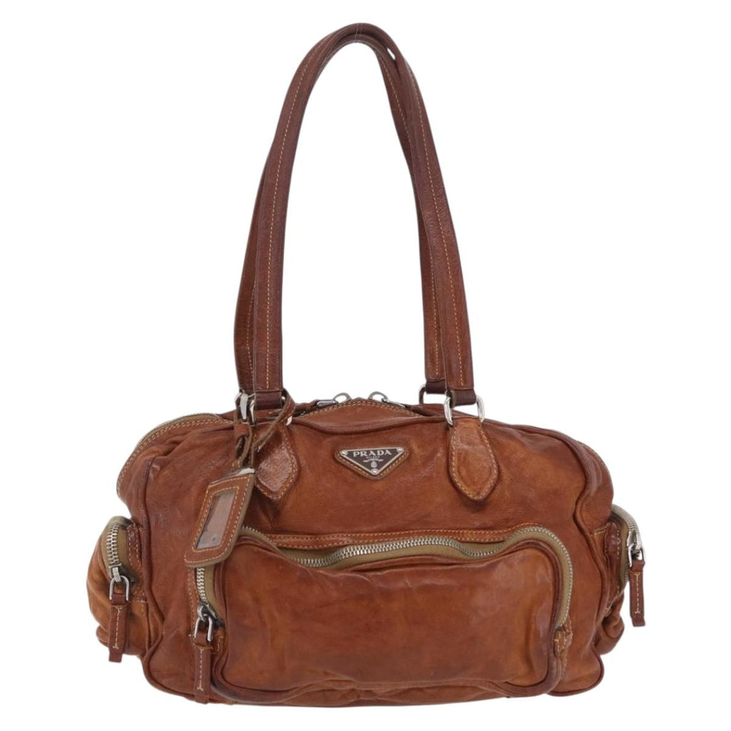 PRADA Tote Bag Leather Brown Silver Auth 209547V