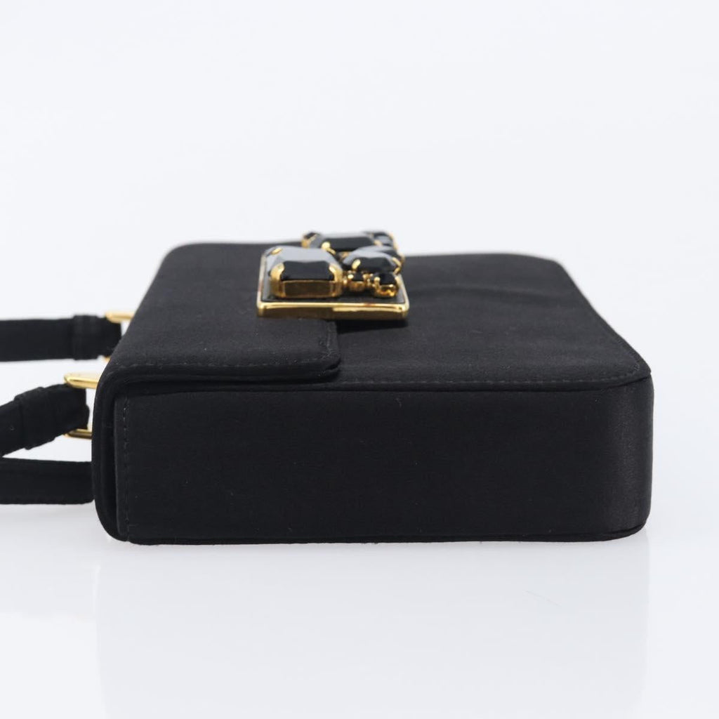 PRADA Hand Bag Satin Black Gold Tone Auth 209561M
