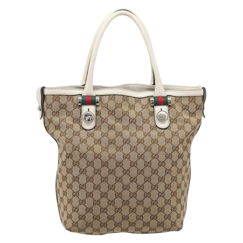 GUCCI GG Canvas Web Sherry Line Tote Bag Beige Silver 232970 Auth 209693