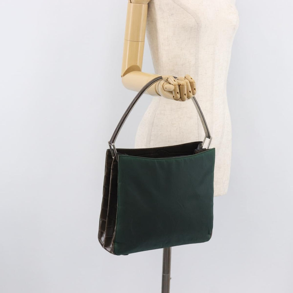 PRADA Metal Handle Shoulder Bag Nylon Green Silver Auth 209835A