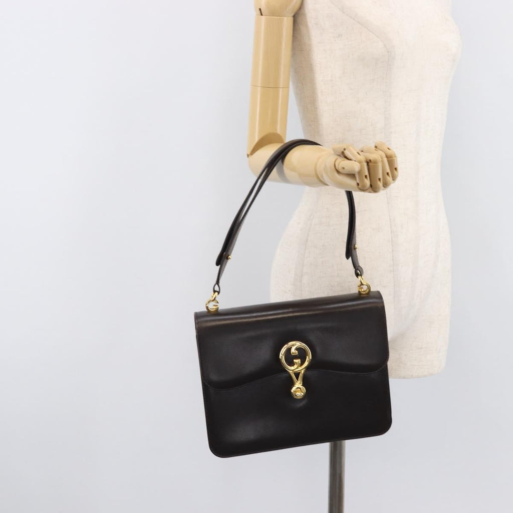 GUCCI Shoulder Bag Leather Brown Gold Auth 209924