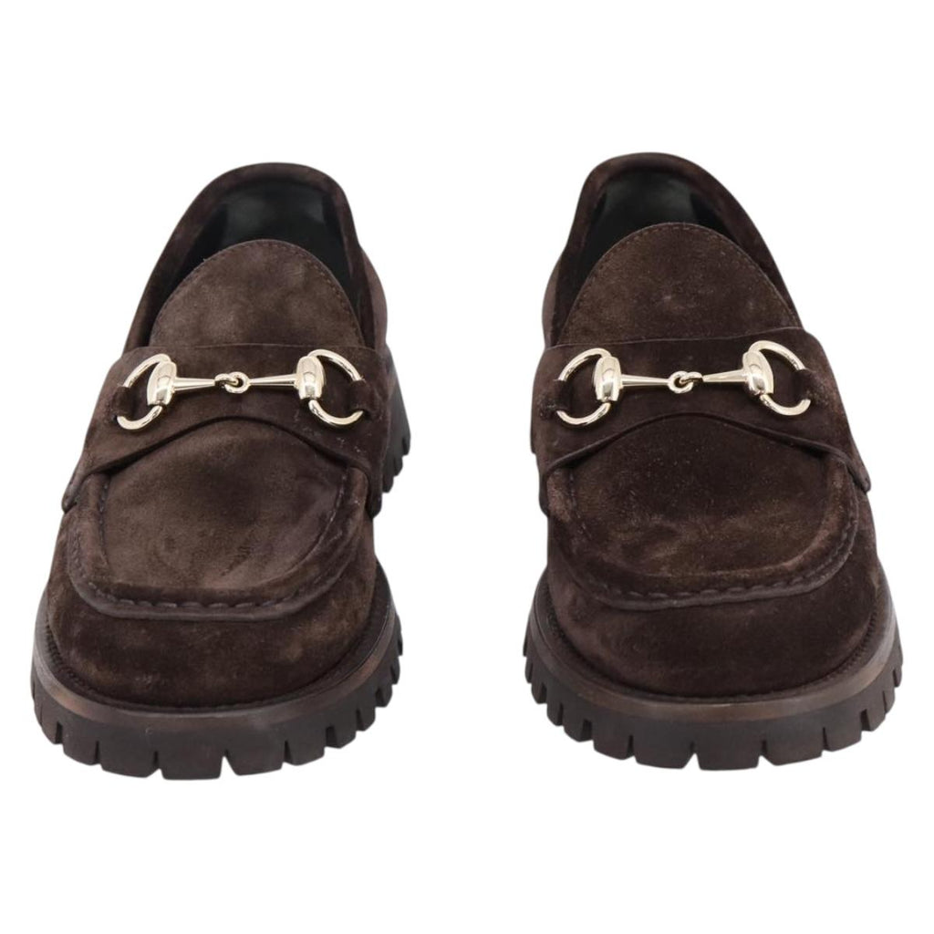 GUCCI Horsebit Loafers Suede 23.5 cm Brown Gold Auth 209950V