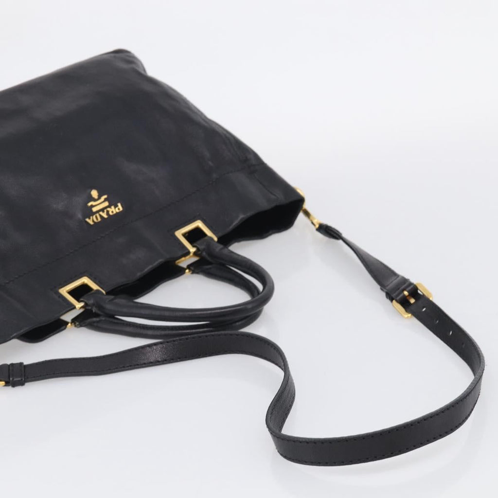PRADA Hand Bag Vittero Dino Leather 2way Black Gold Auth 210036A