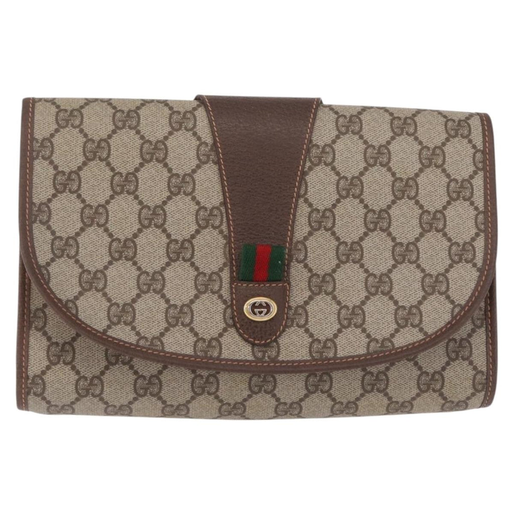 GUCCI GG Supreme Web Sherry Line Bag PVC Beige Gold 156 01 030 Auth 210047