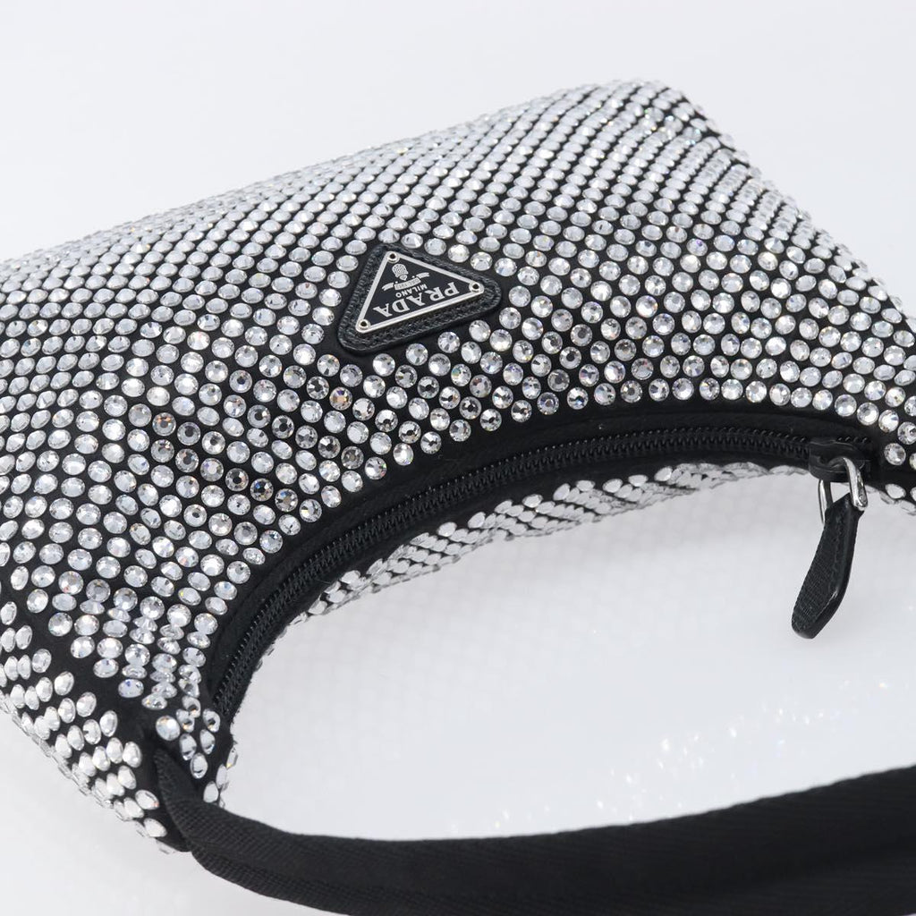PRADA Hand Pouch Satin Black Silver Auth 210197SAM
