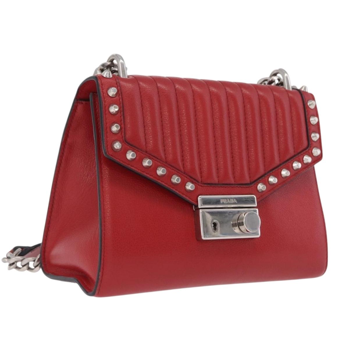 PRADA Chain Shoulder Bag Leather Red Silver Auth 210281V